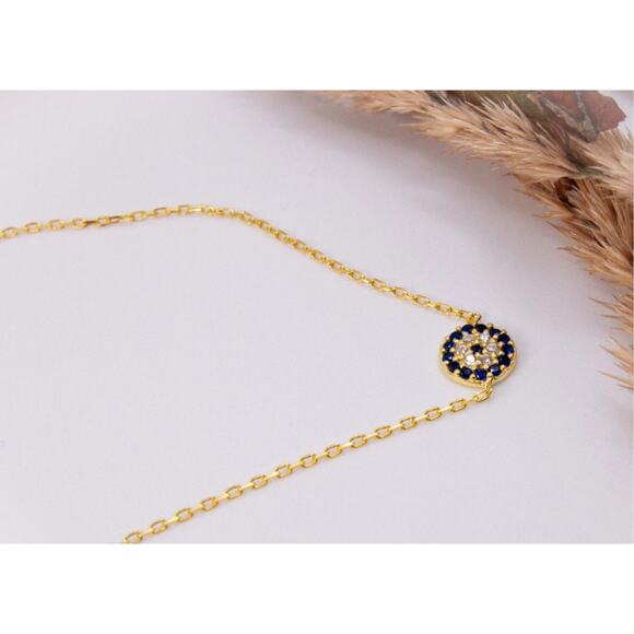 18k Gold Plated Sterling Silver Evil Eye Bracelet: Blue & White Zirconia - Picture 2 of 4